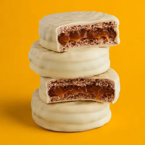 Kit com 1 Mini Alfajor de Chocolate + 1 Mini Alfajor de Chocolate Branco  + Cápsulas de Cappuccino com Doce de Leite C/10 unidades