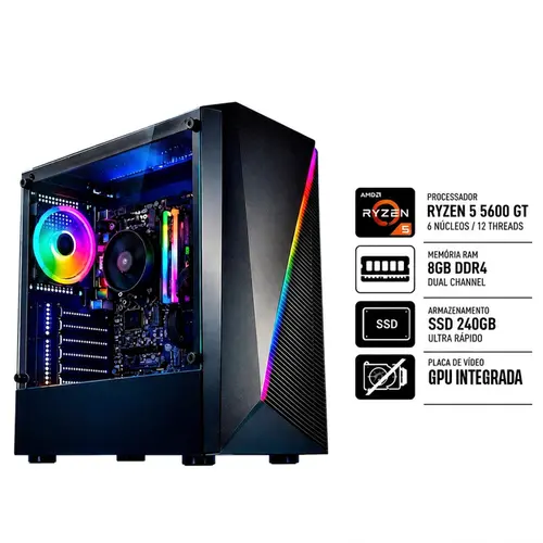 PC Gamer Inpower com Ryzen 5 5600GT, Vega 7, 8GB RAM e SSD 240GB. Ótimo desempenho para jogos e uso diário.
