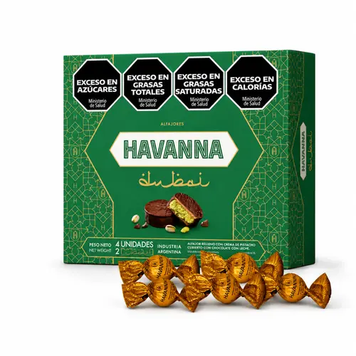 Kit Caixa Alfajor Dubai Pistache C/4 unidades + 10 Havannitas Ao Leite Com Doce De Leite